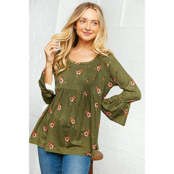 Haptics Tops - Olive Floral Bell Sleeve Babydoll Peplum Top